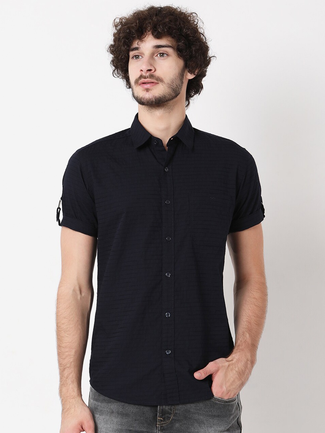 

Mufti Men Classic Slim Fit Horizontal Stripes Striped Casual Shirt, Navy blue