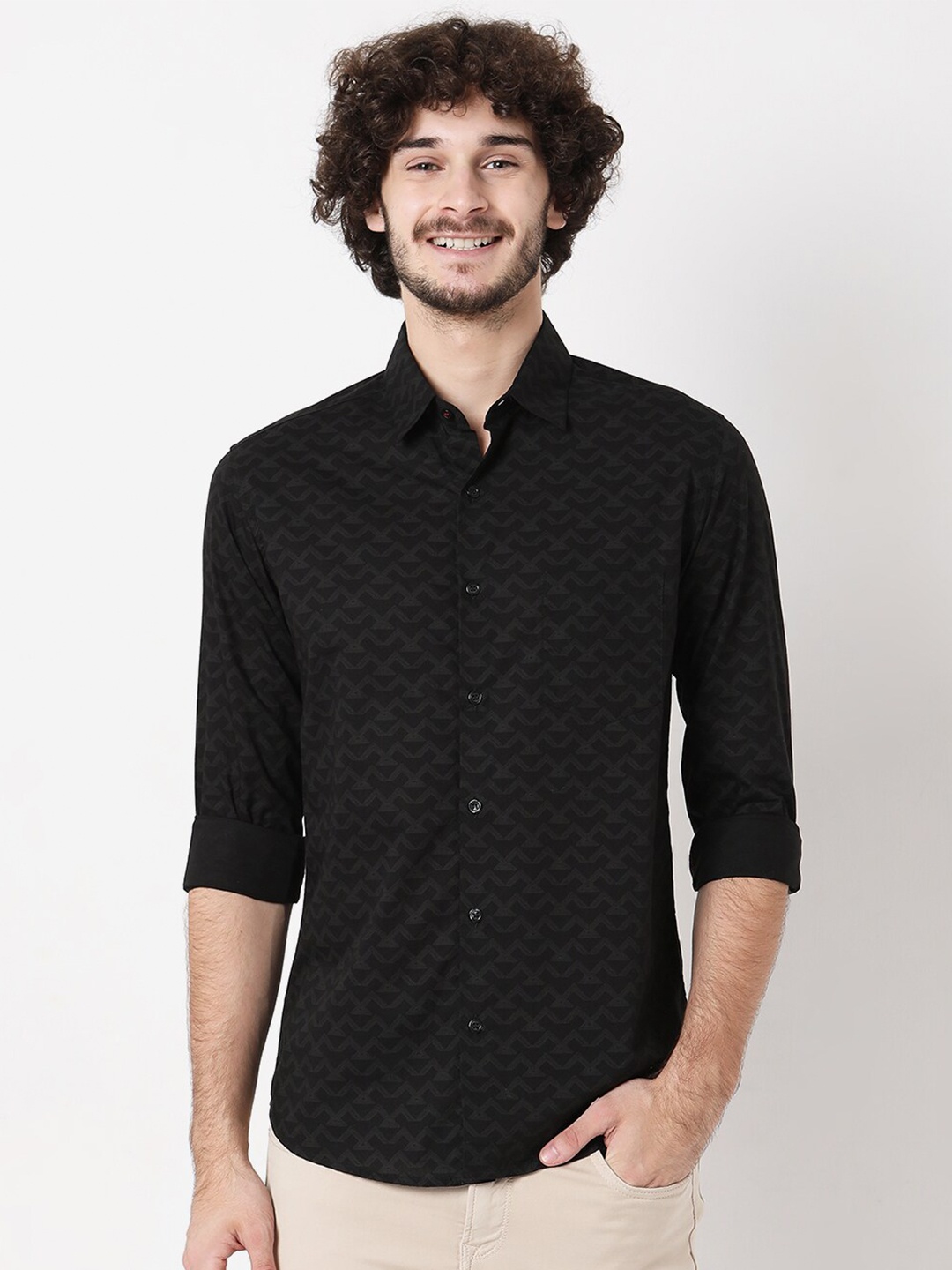 

Mufti Men Classic Slim Fit Printed Casual Shirt, Black