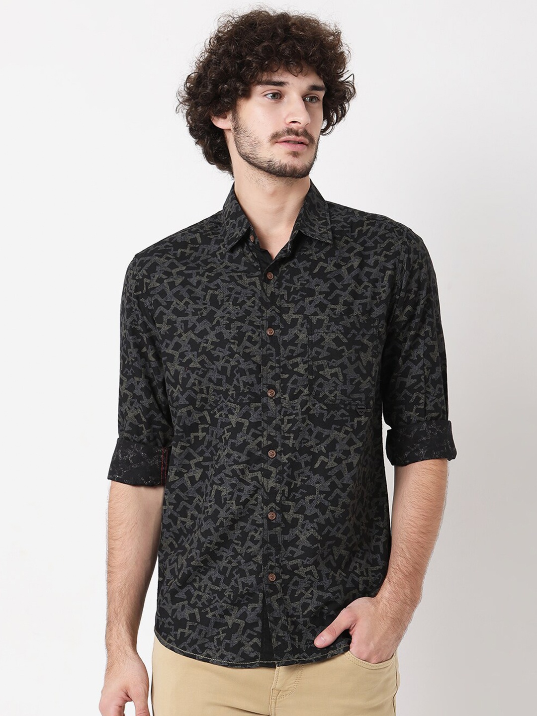 

Mufti Men Black Classic Slim Fit Floral Printed Cotton Casual Shirt
