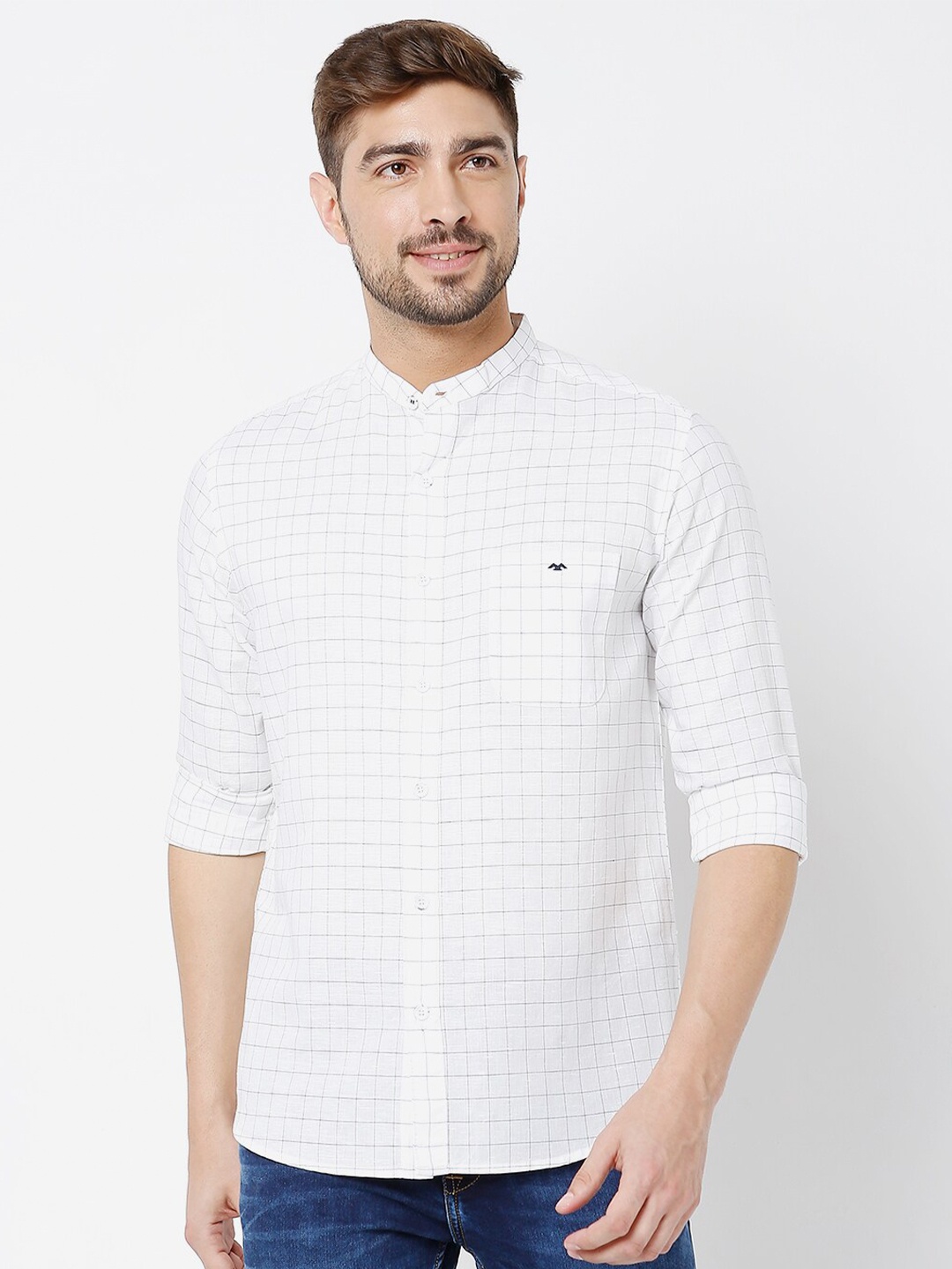 

Mufti Men White Cotton Classic Slim Fit Grid Tattersall Checks Checked Casual Shirt