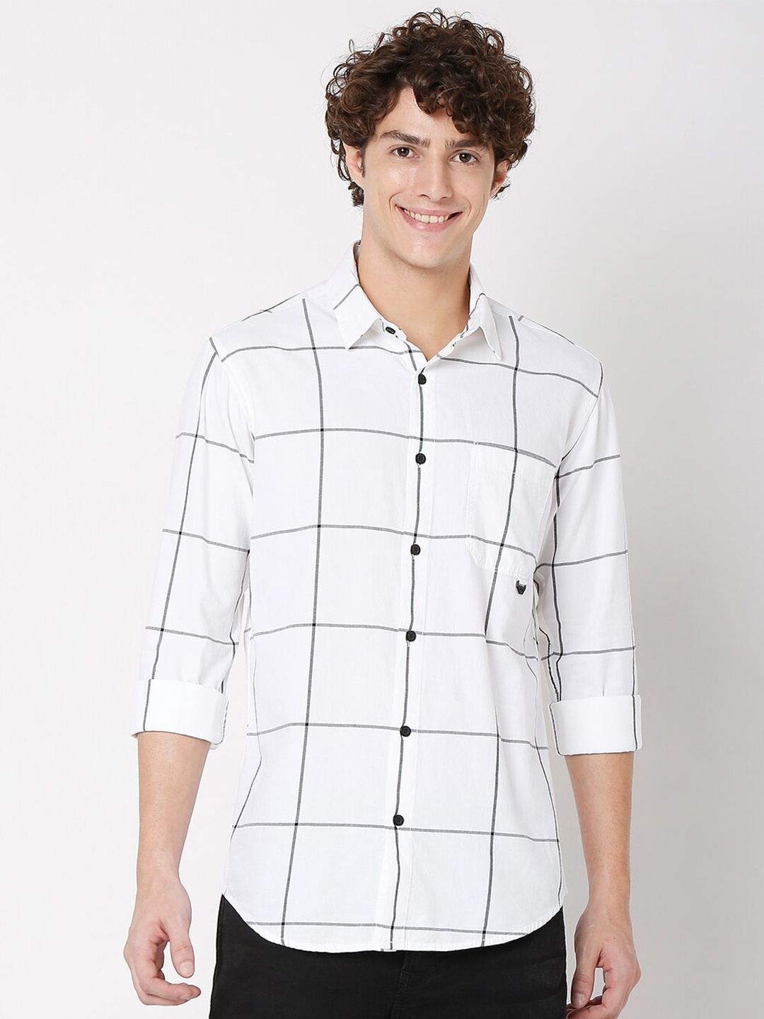 

Mufti Men Plus Size White Classic Slim Fit Pure Cotton Windowpane Checked Casual Shirt
