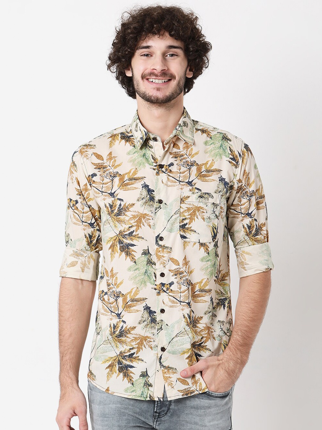 

Mufti Men Off White Floral Printed Classic Slim Fit Pure Cotton Casual Shirt