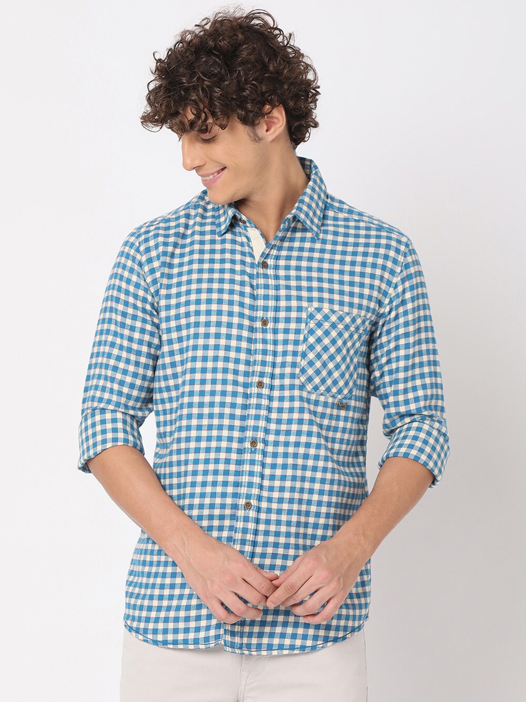 

Mufti Plus Size Men Classic Slim Fit Gingham Checked Cotton Casual Shirt, Off white