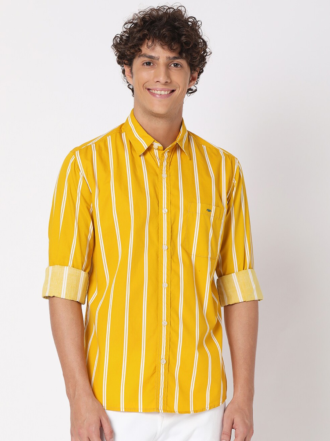 

Mufti Plus Size Men Yellow Classic Slim Fit Striped Cotton Casual Shirt