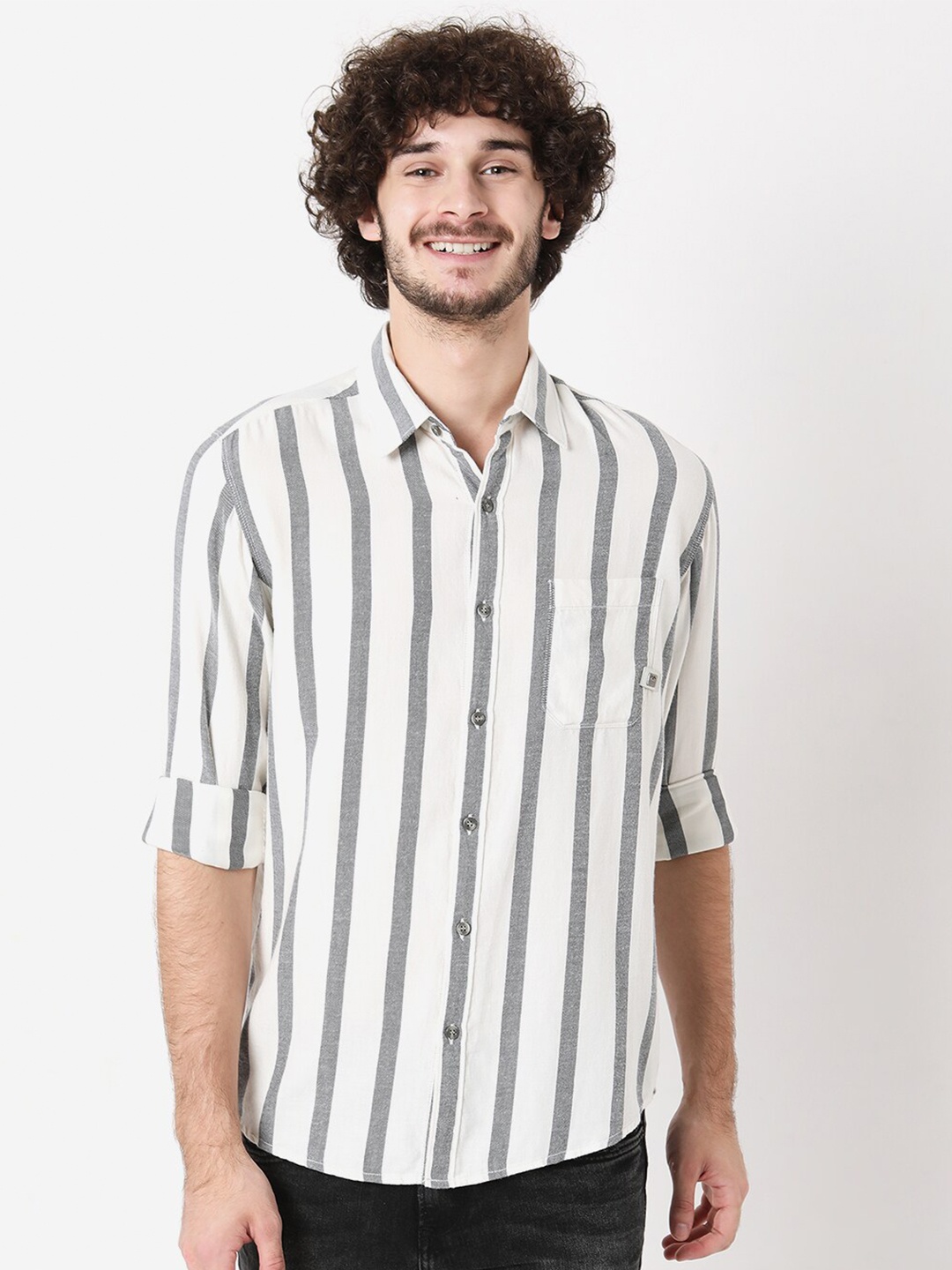 

Mufti Plus Size Men Black Classic Slim Fit Striped Cotton Casual Shirt