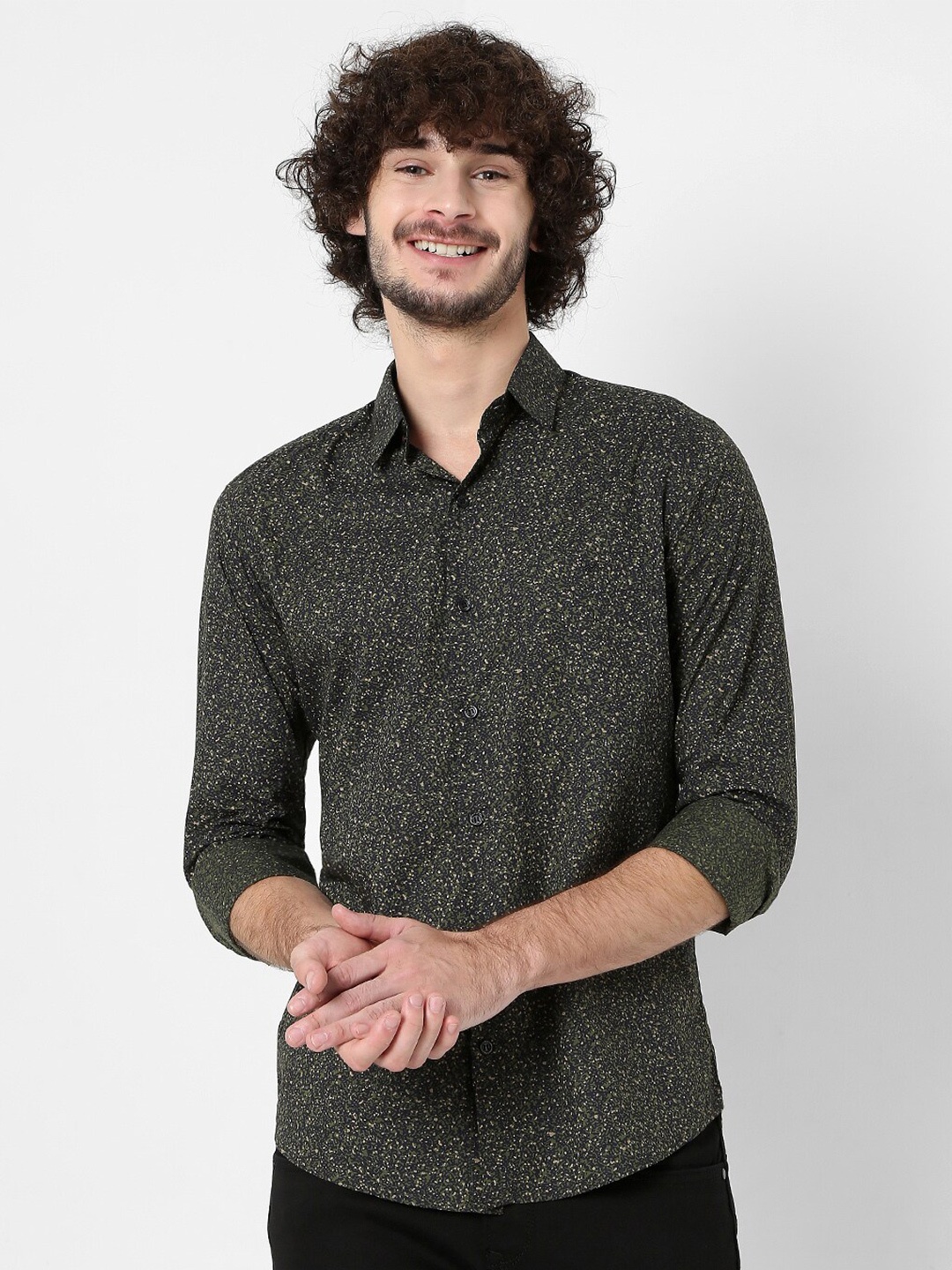 

Mufti Plus Size Men Classic Slim Fit Floral Printed Cotton Casual Shirt, Olive