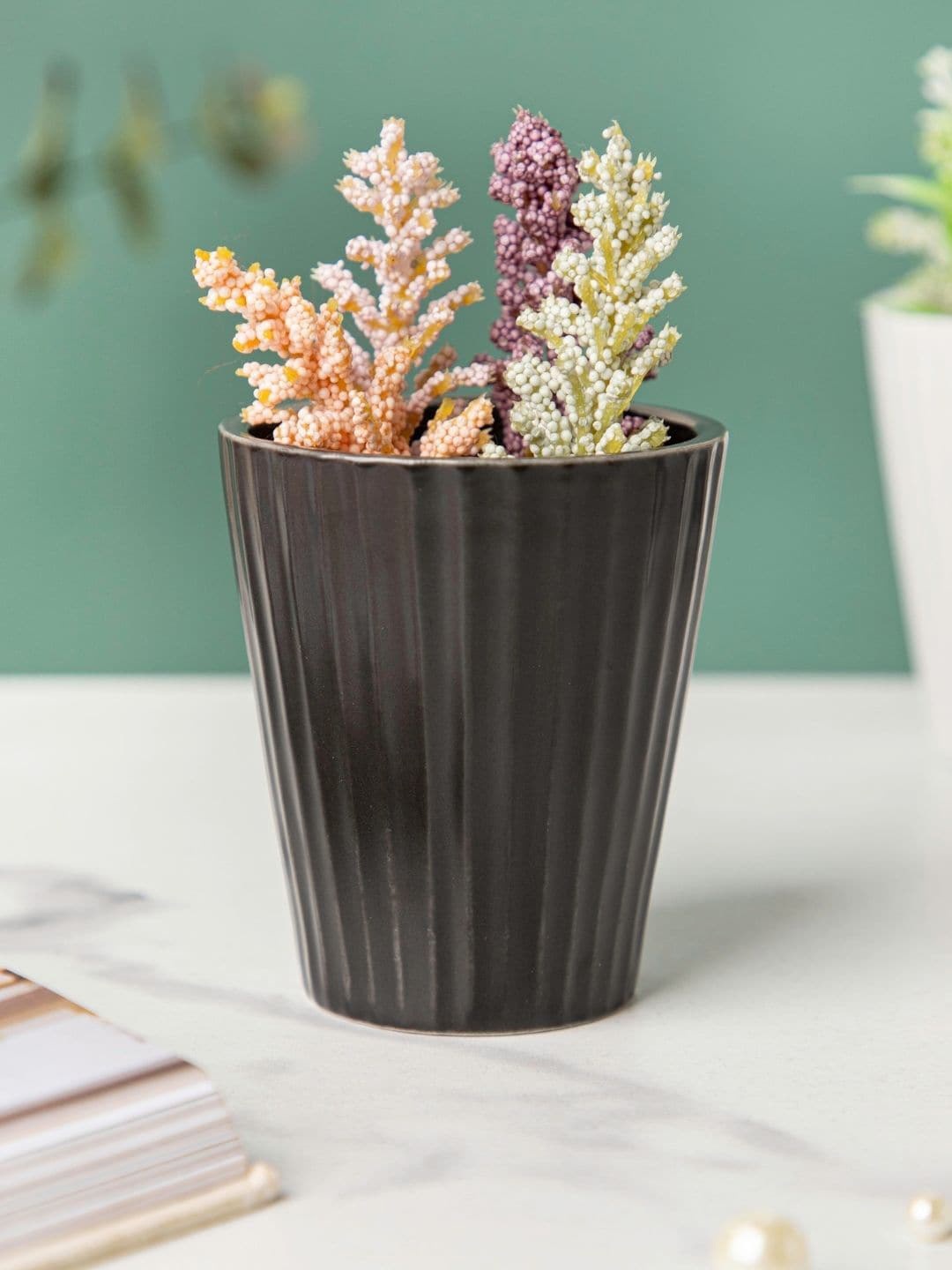 

Nestasia Ribbed Ceramic Planter, Black