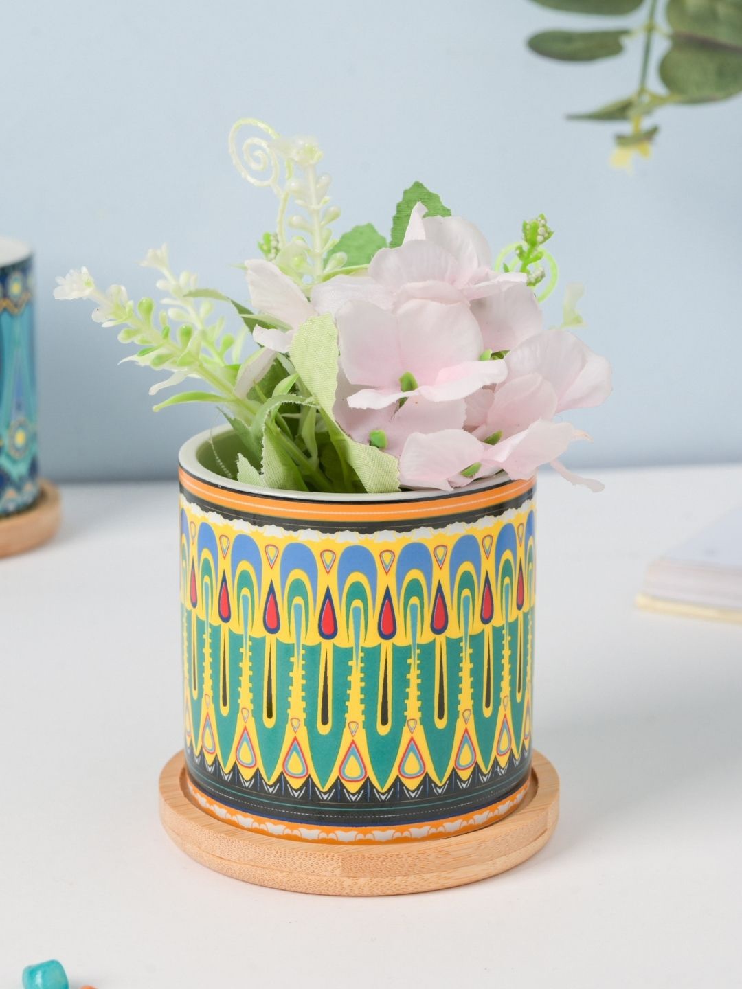

Nestasia Ceramic Decorative Planter With Wooden Coaster, Green