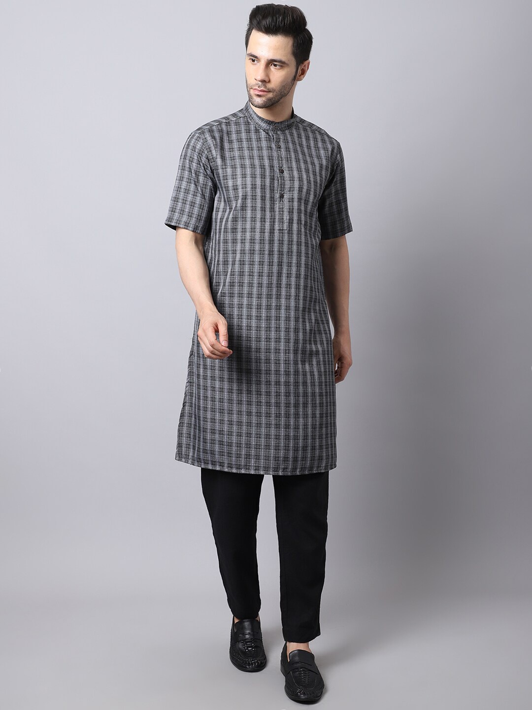 

even Men Checked Kurta, Grey