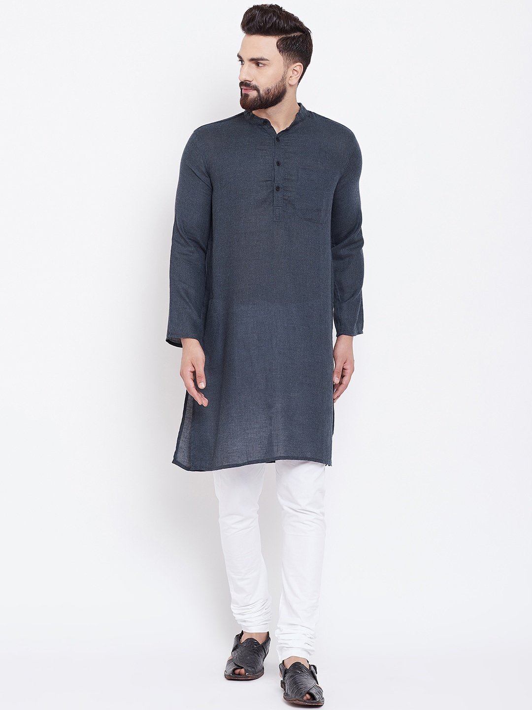 

even Men Grey Geometric Thread Work Kurta