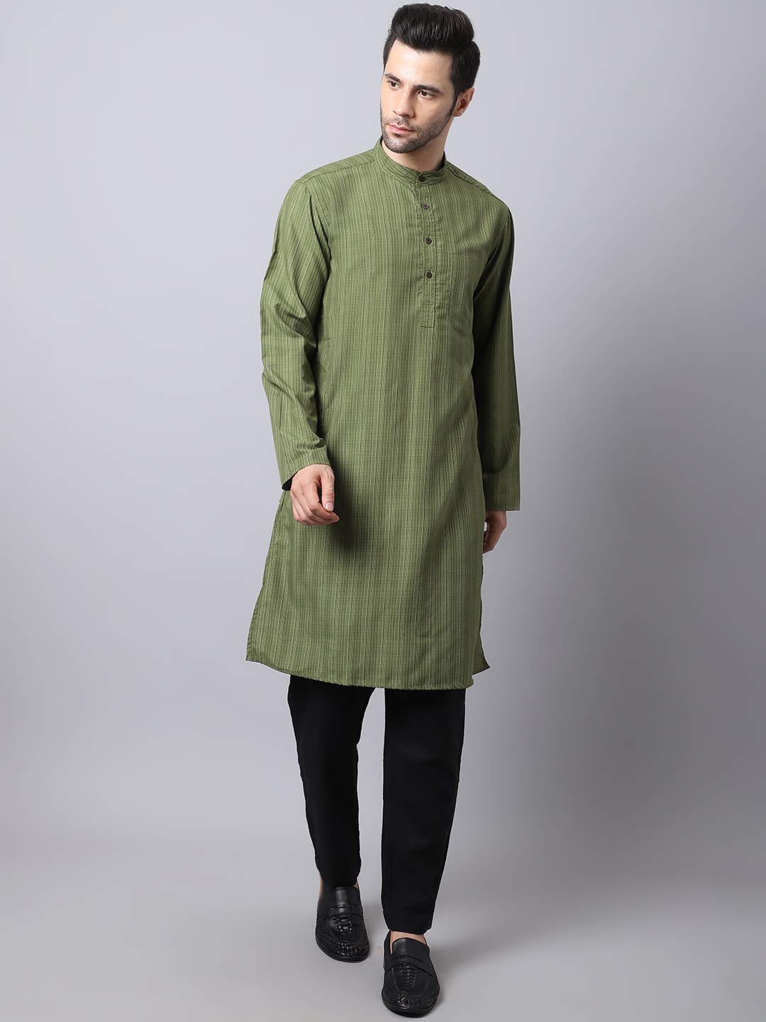 

even Men Green Striped Thread Work Kurta