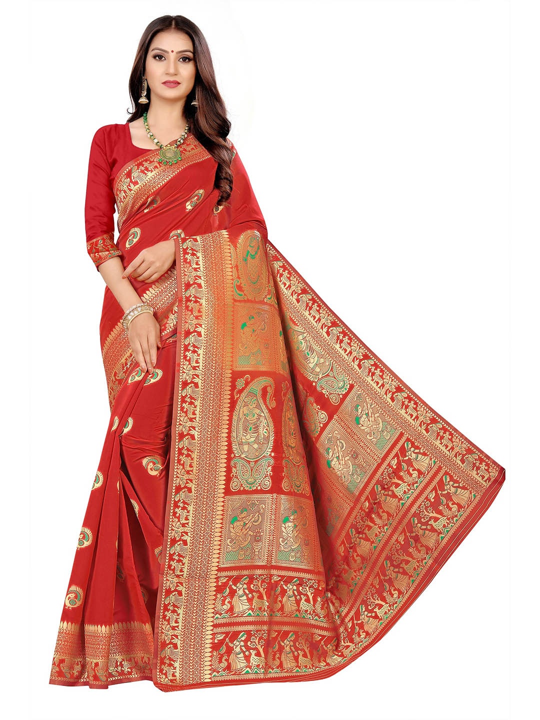 

Rivana Red & Gold-Toned Ethnic Motifs Zari Silk Blend Baluchari Saree