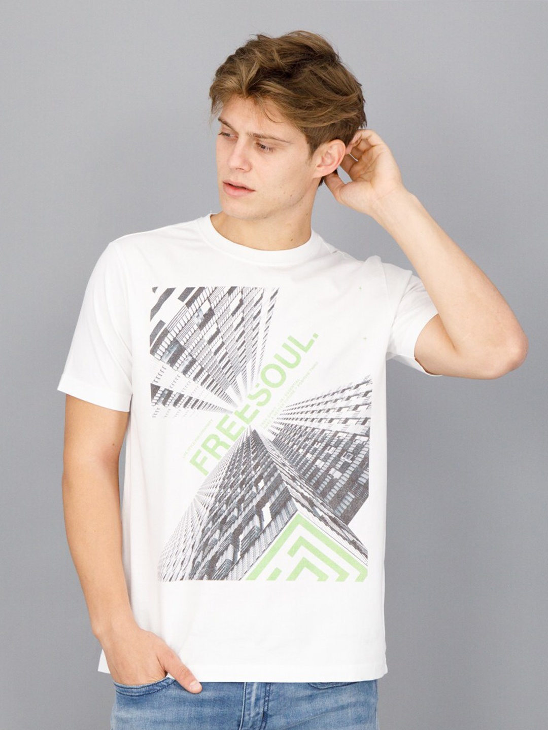 

FREESOUL Men White Printed Raw Edge T-shirt