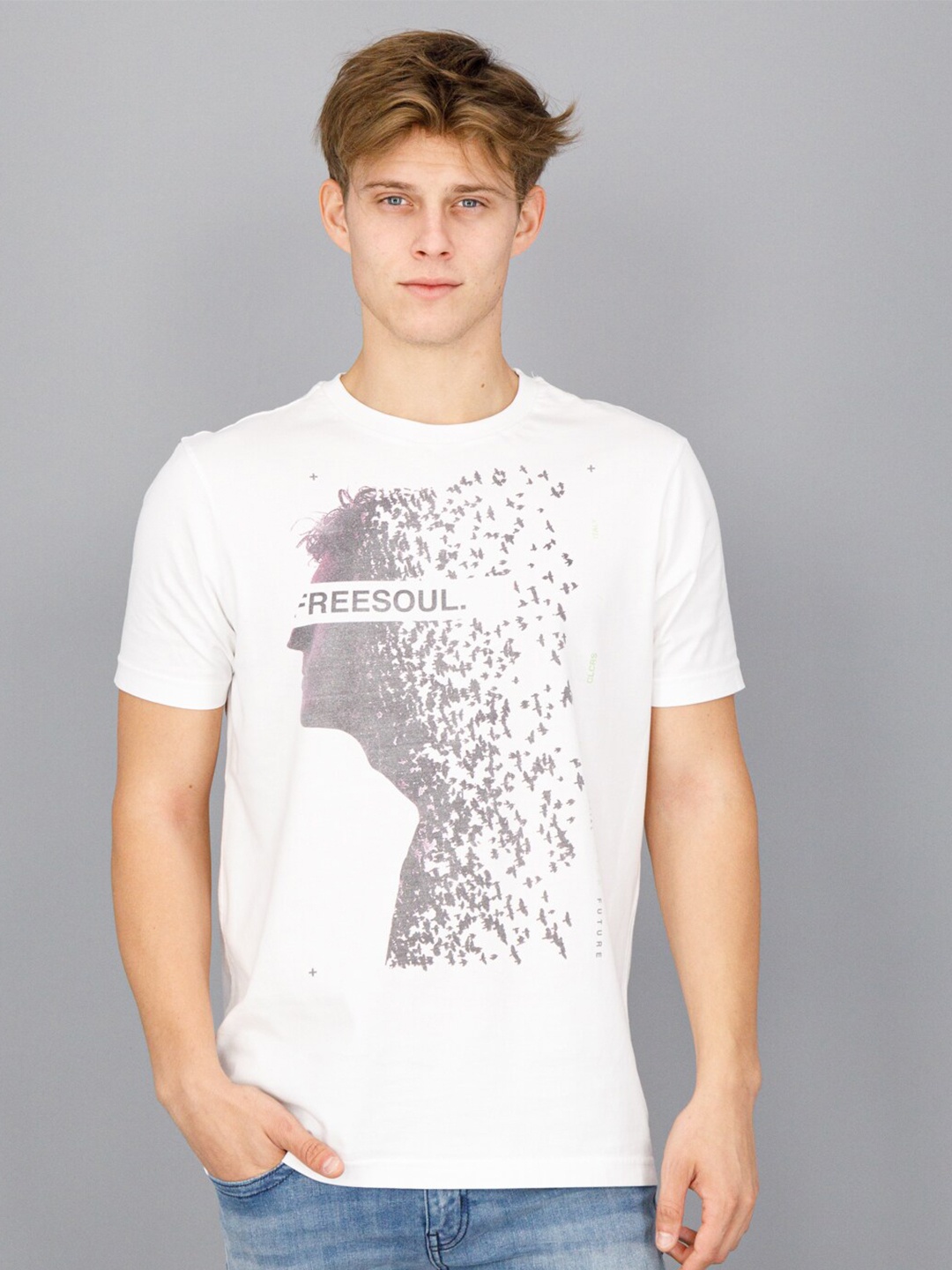 

FREESOUL Men White Printed Raw Edge T-shirt