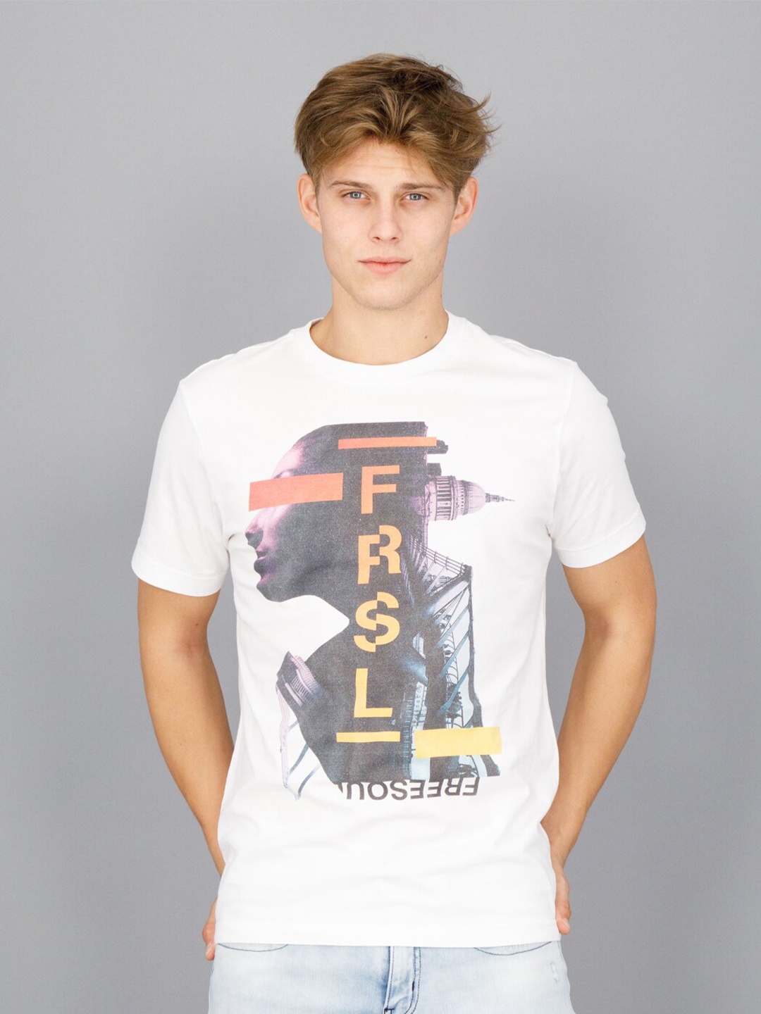 

FREESOUL Men White Printed Raw Edge T-shirt