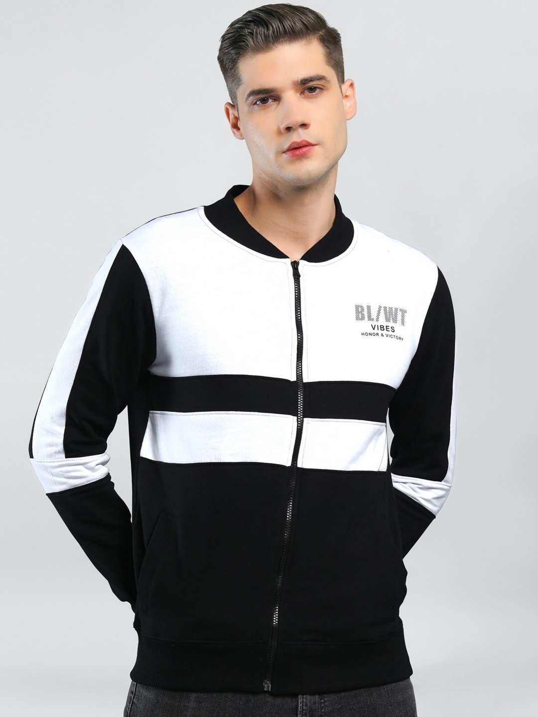 

Maniac Men Colourblocked Open Front Jacket, Black