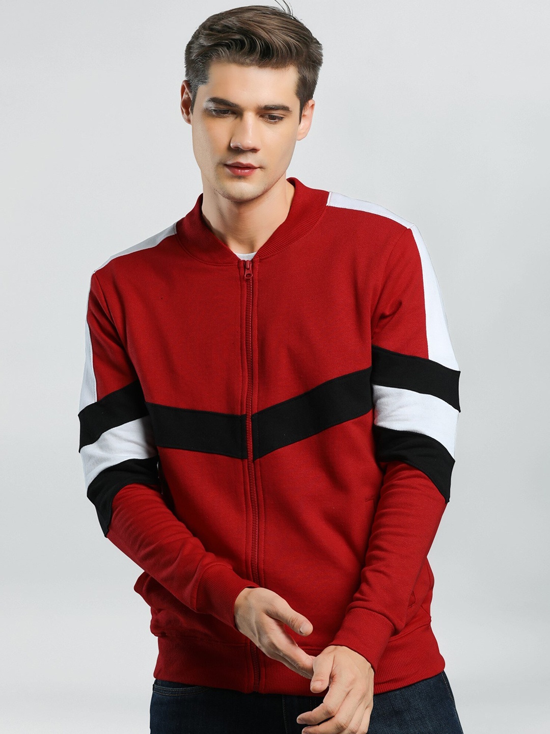 

Maniac Men Colourblocked Open Front Jacket, Red