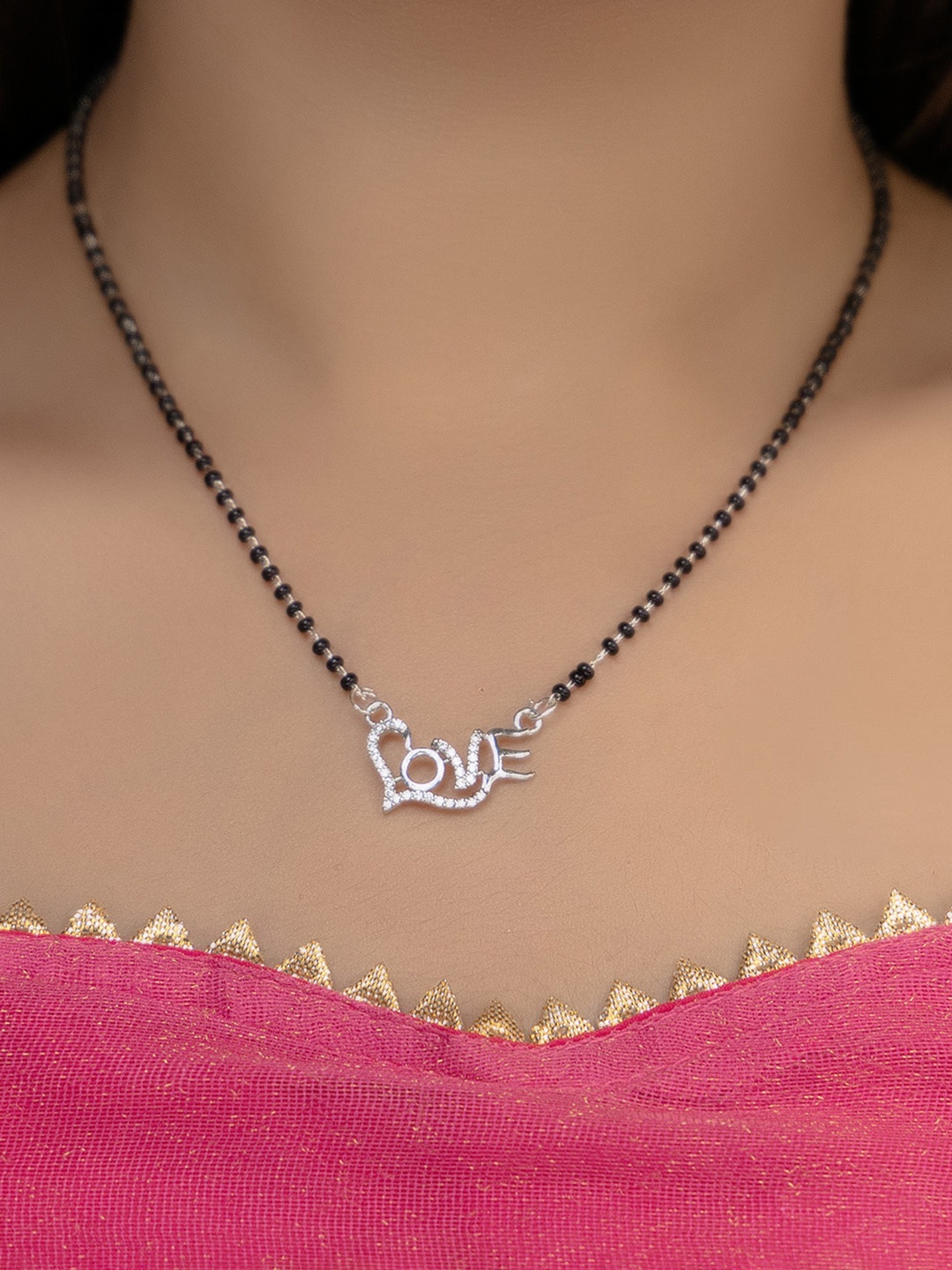 

Vita Bella Rhodium-Plated Stone Studded & Beaded Mangalsutra, Silver