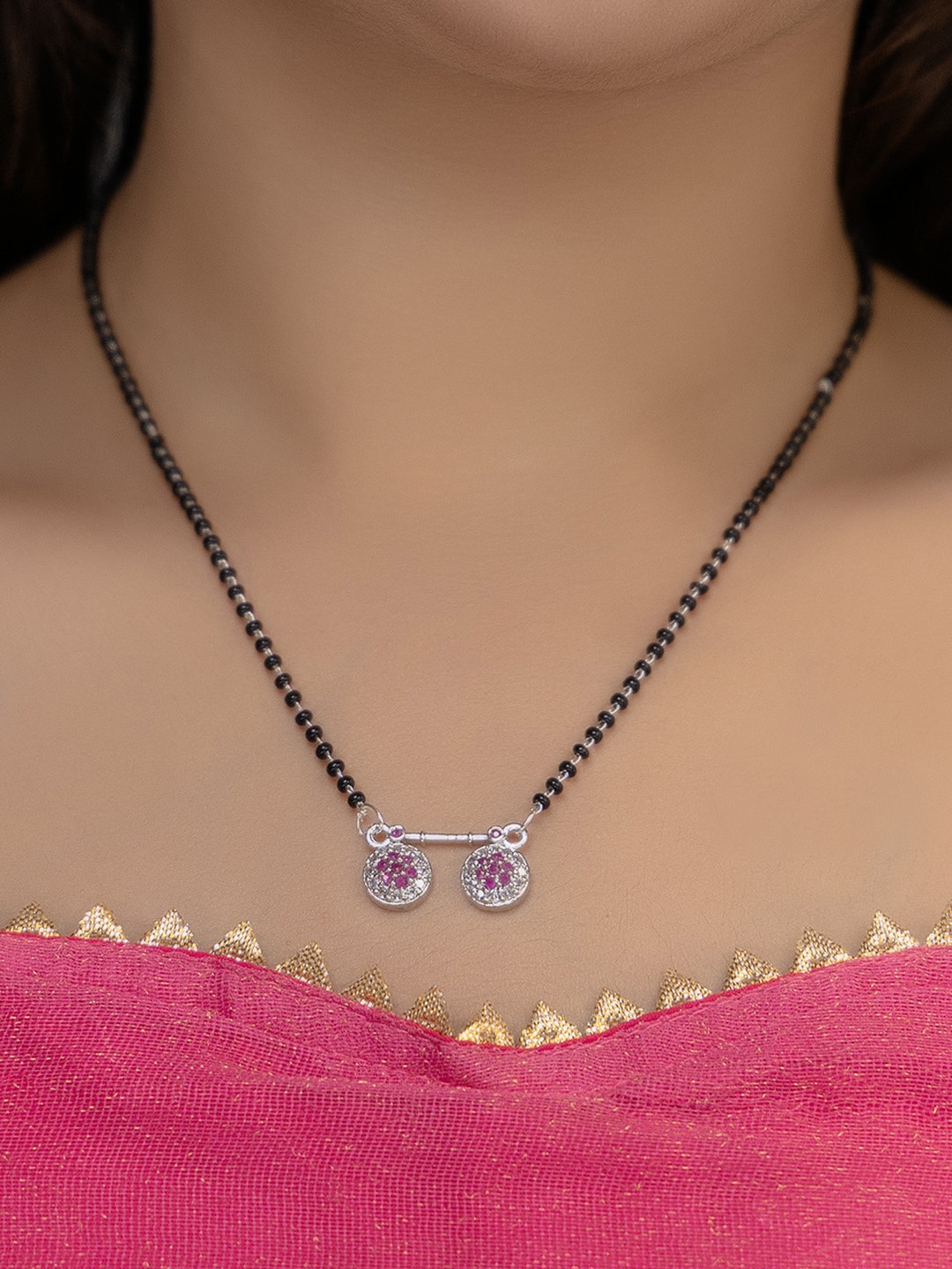 

Vita Bella Rhodium-Plated Stone Studded & Beaded Mangalsutra, Silver