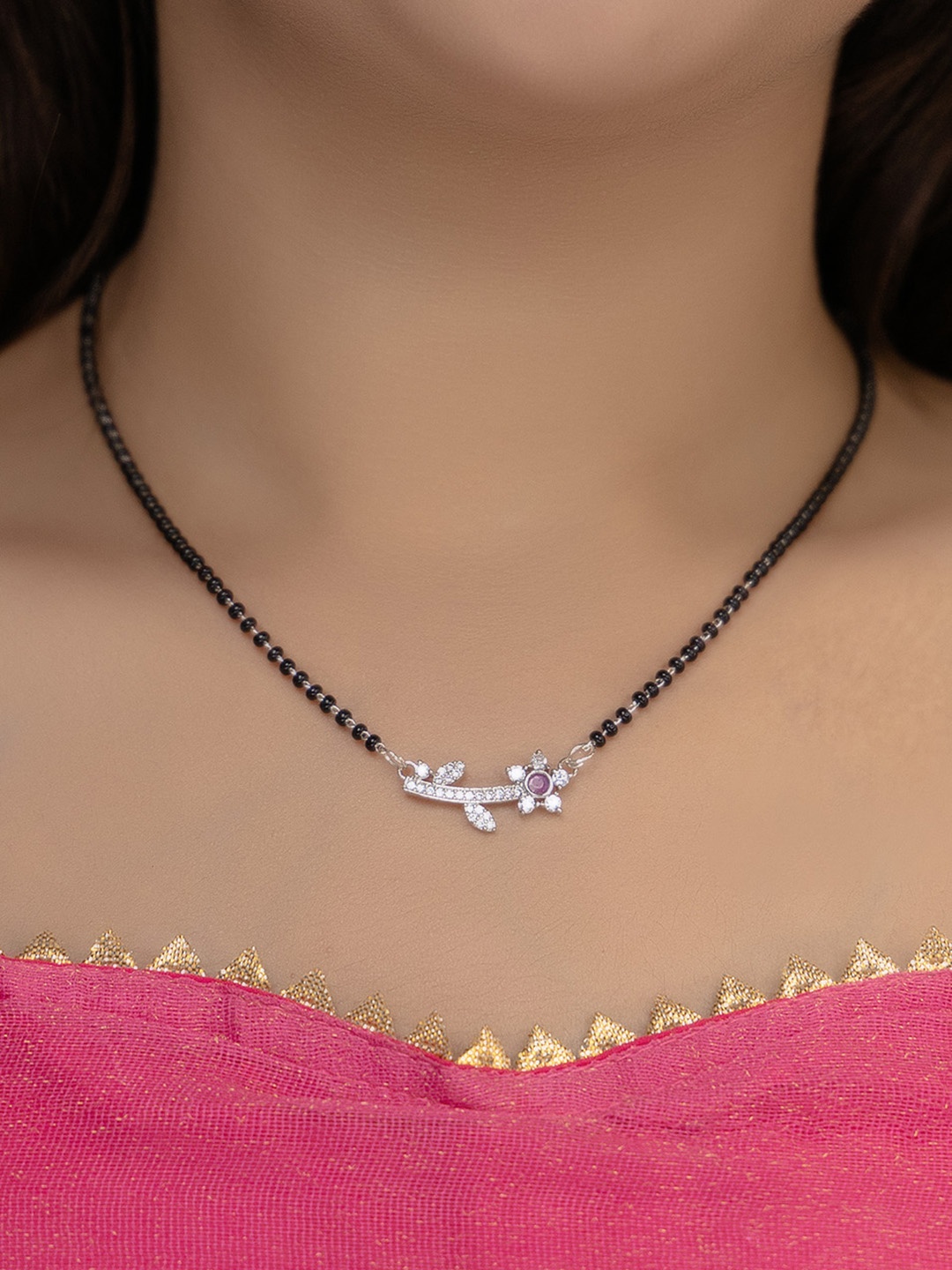 

Vita Bella Rhodium-Plated Stone Studded & Beaded Mangalsutra, Silver