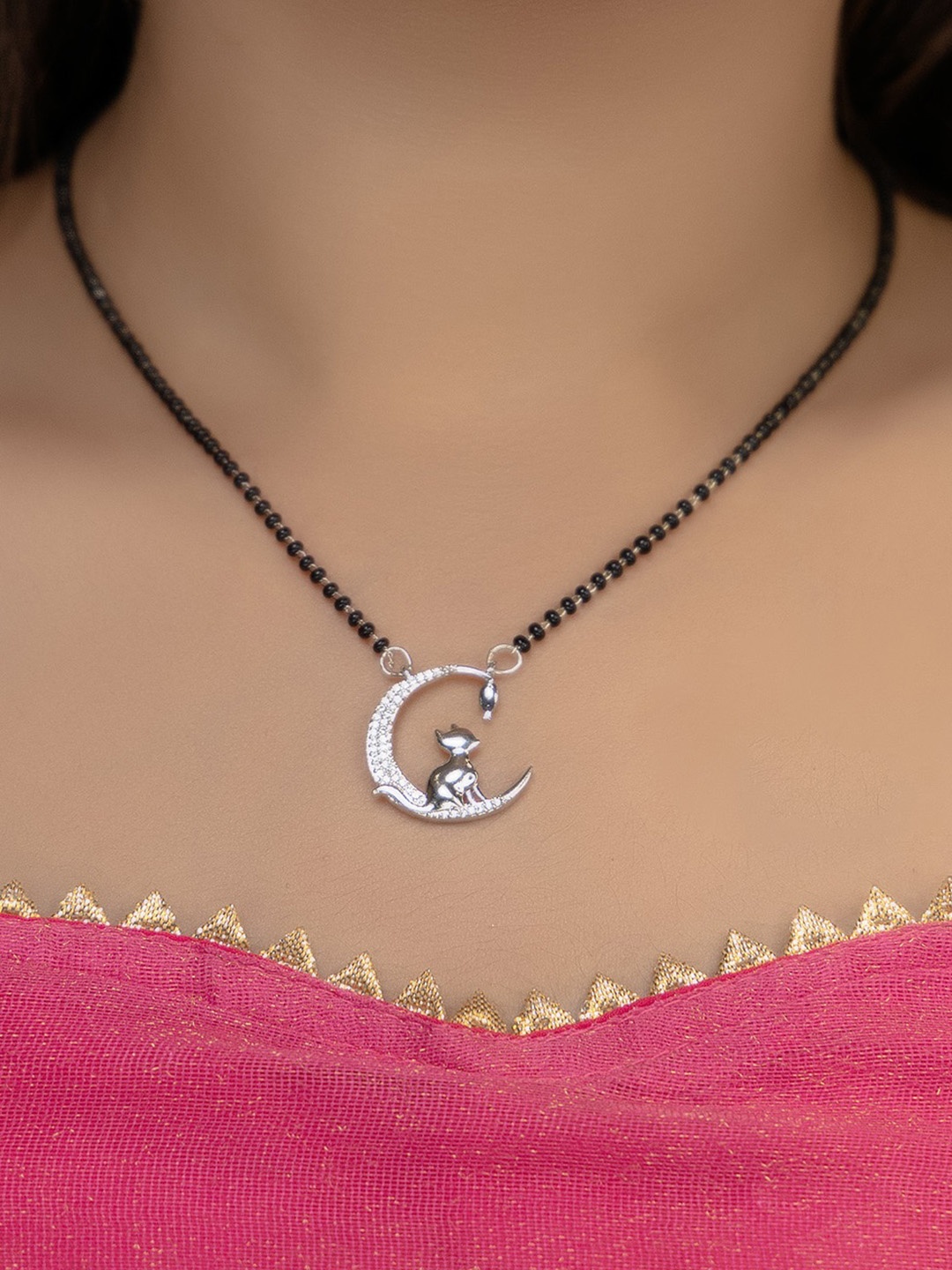 

Vita Bella Rhodium-Plated Stone Studded & Beaded Mangalsutra, Silver