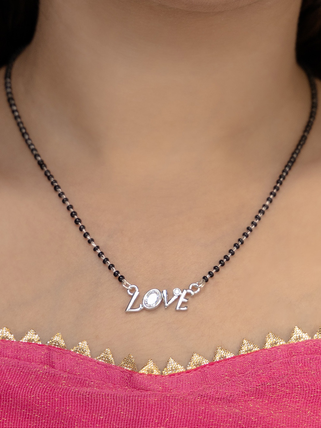

Vita Bella Rhodium-Plated Stone Studded & Beaded Mangalsutra, Silver