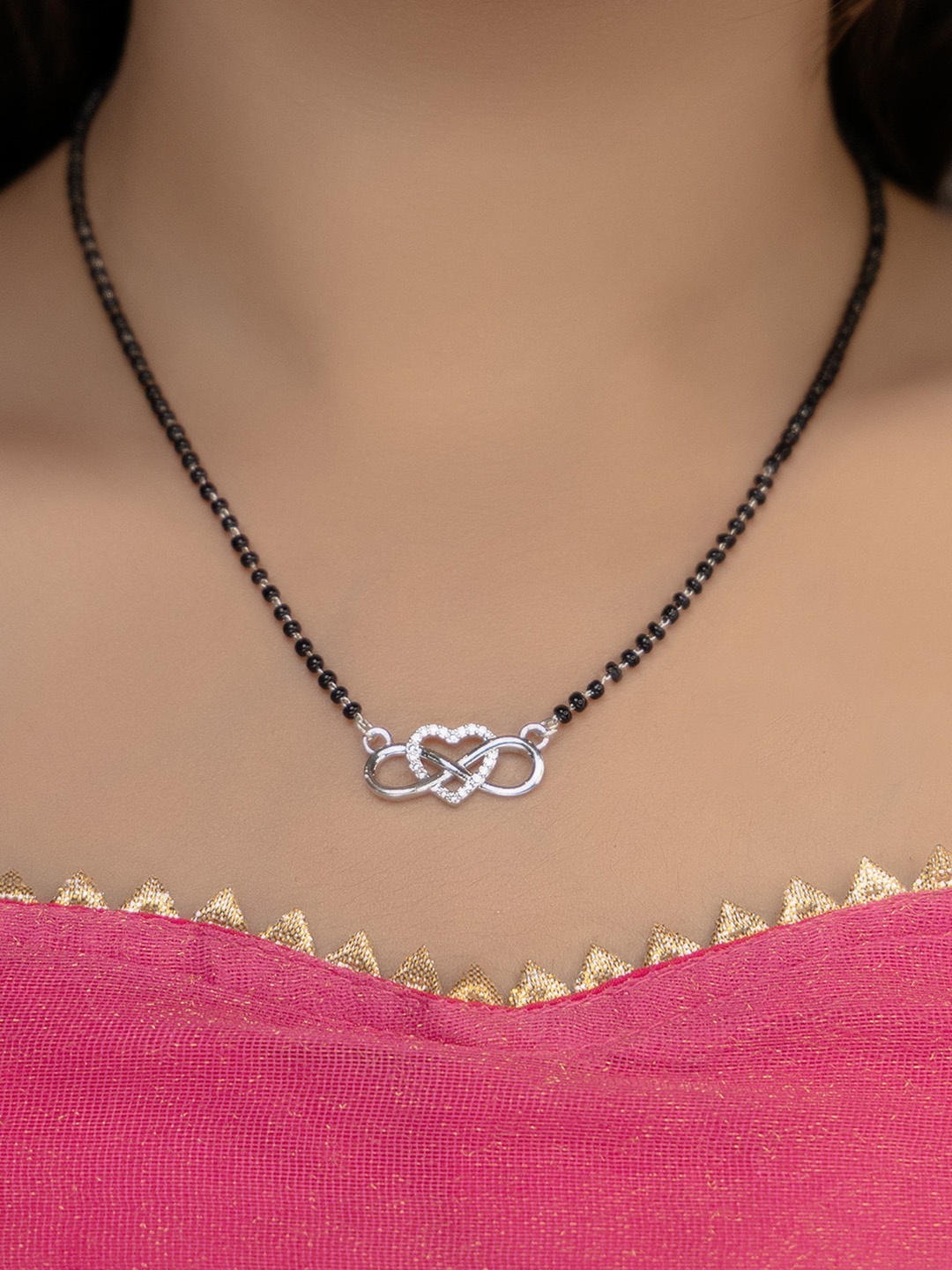 

Vita Bella Rhodium-Plated Stone Studded & Beaded Mangalsutra, Silver