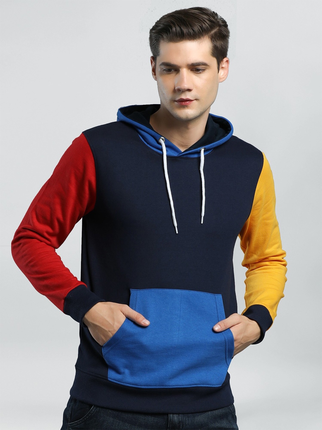 

Maniac Men Colourblocked Long Sleeves Cotton Hooded Sweatshirt, Navy blue