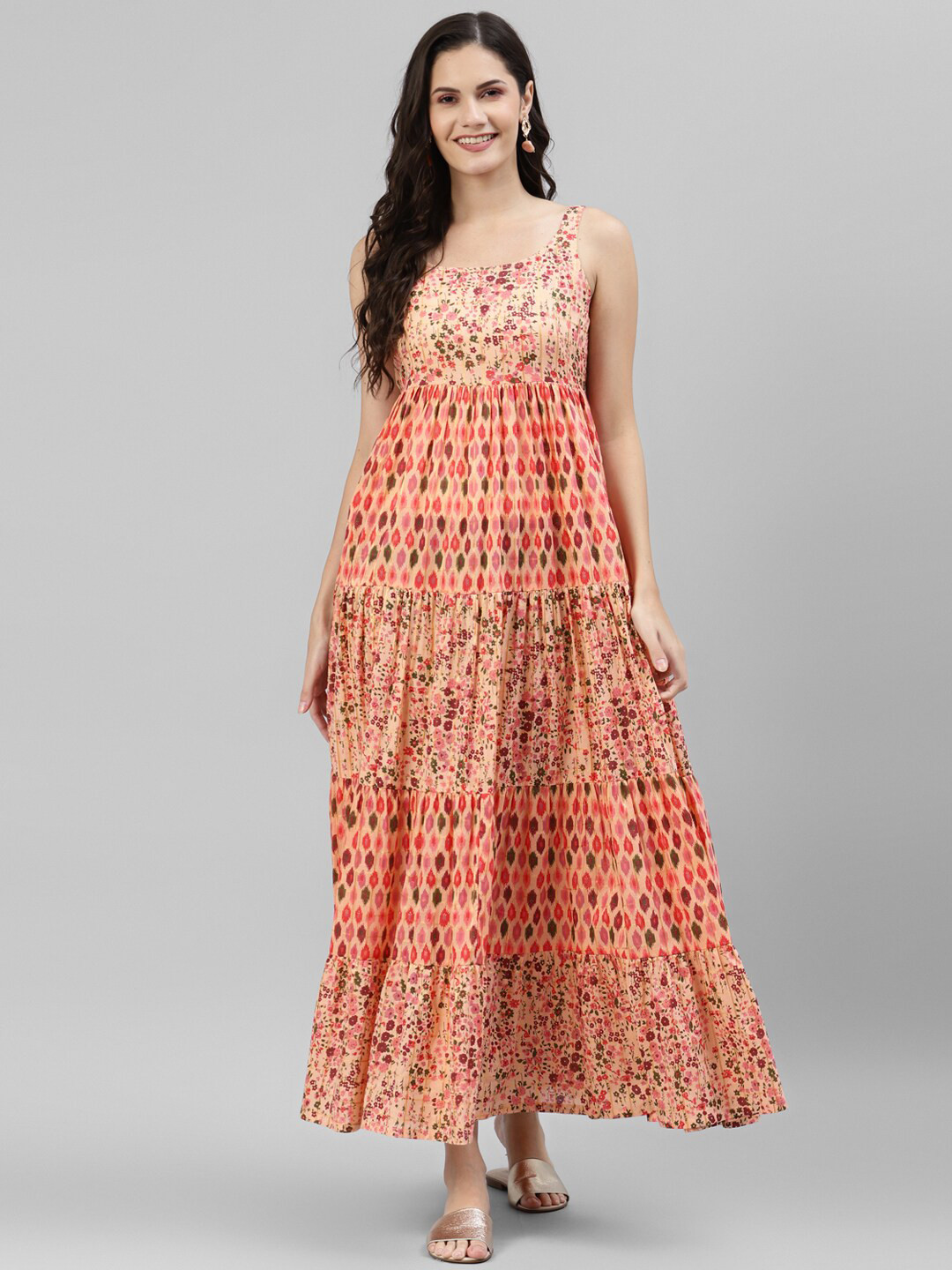 

DEEBACO Women Floral Printed Tiered Maxi Dress, Peach