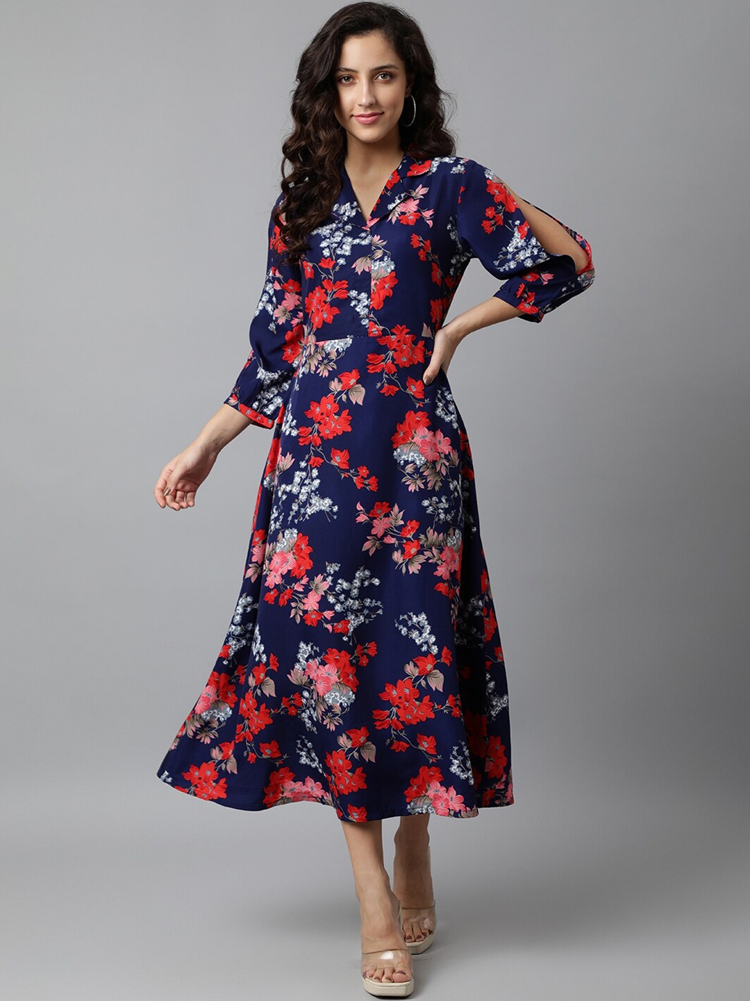 

DEEBACO Women Floral Printed A-Line Midi Dress, Blue