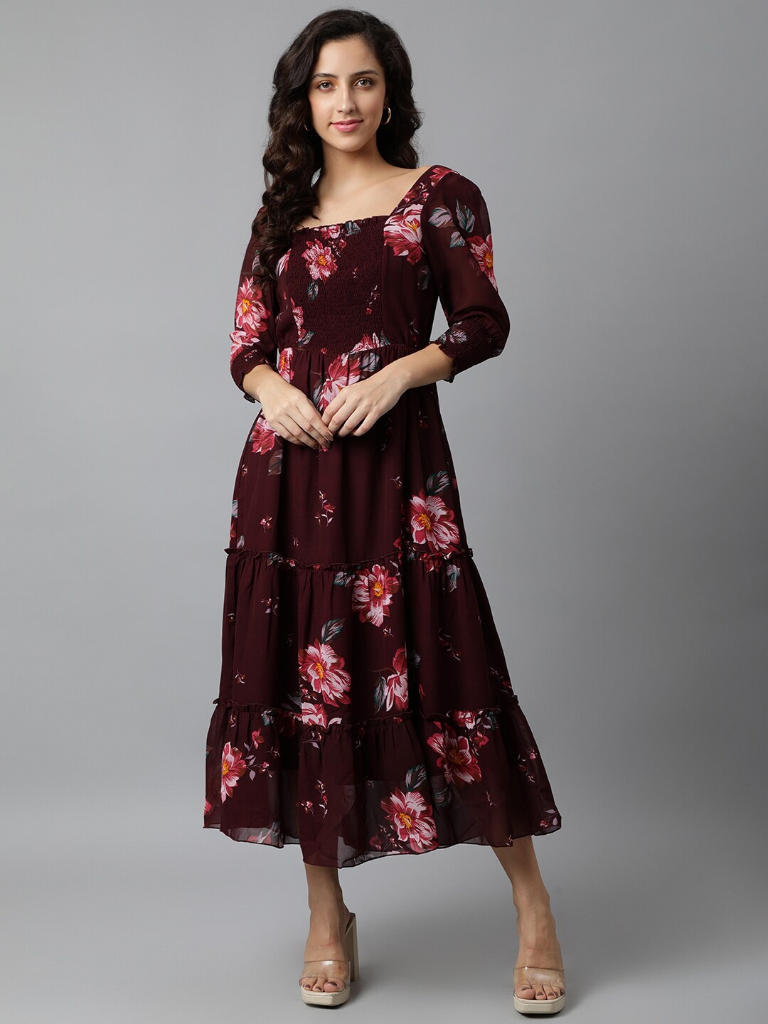 

DEEBACO Women Floral Printed Georgette Midi Dress, Maroon