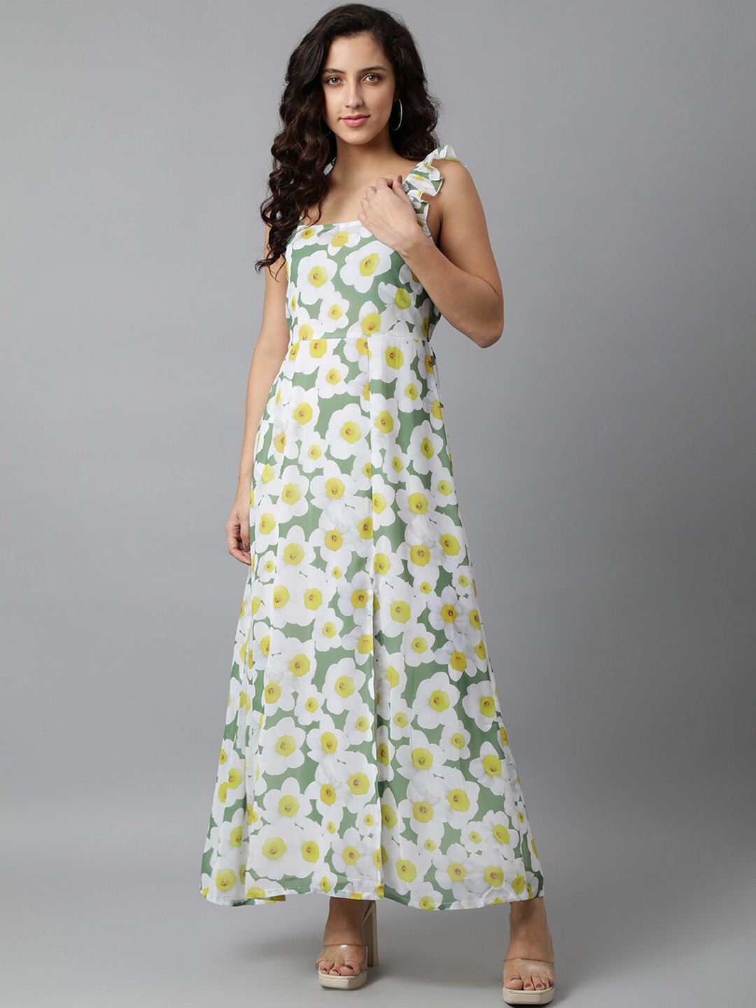 

DEEBACO Women Floral Printed Georgette Slit Maxi Dress, Green