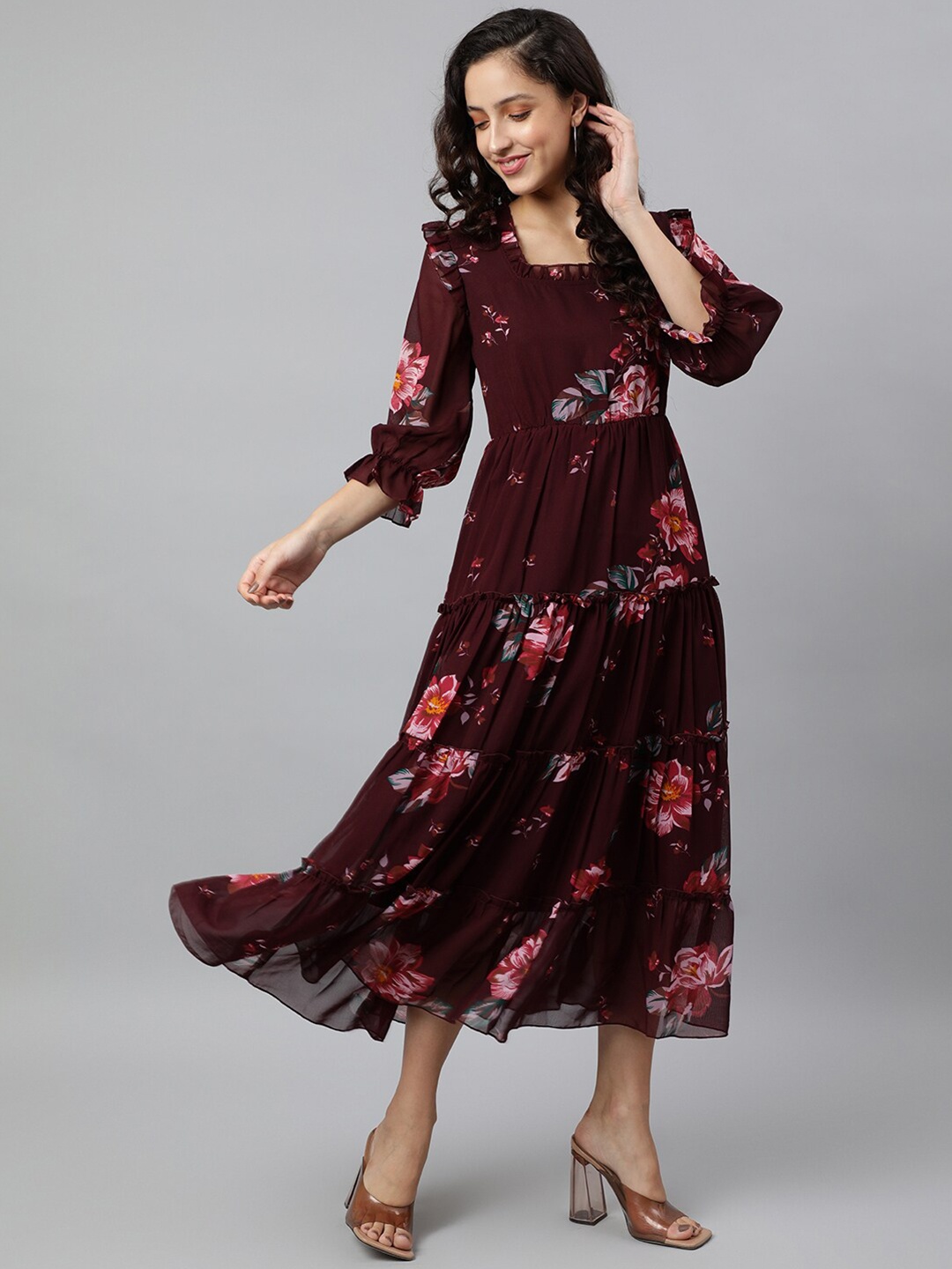 

DEEBACO Women Floral Printed Georgette Midi Dress, Maroon