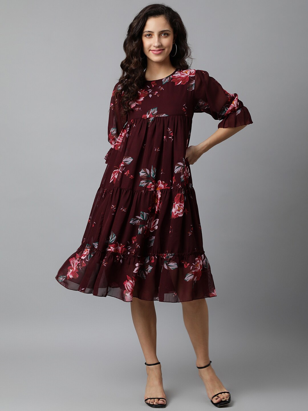 

DEEBACO Floral Printed Georgette Empire Midi Dress, Maroon