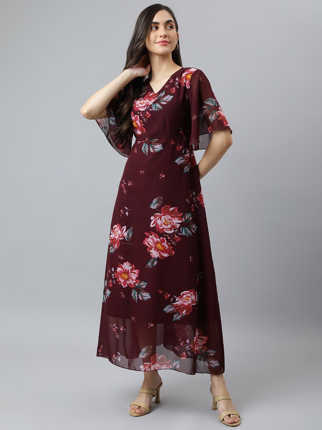 

DEEBACO Floral Printed Georgette A-Line Maxi Dress, Maroon