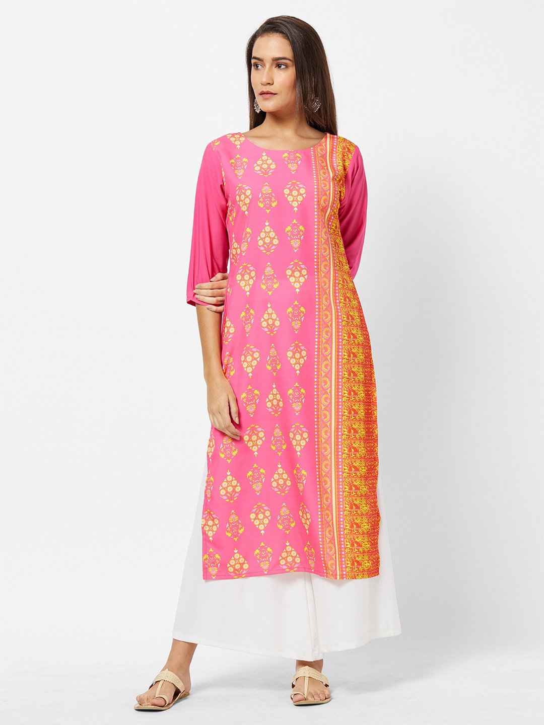 

Jevi Prints Women Ethnic Motifs Printed Crepe Kurta, Pink