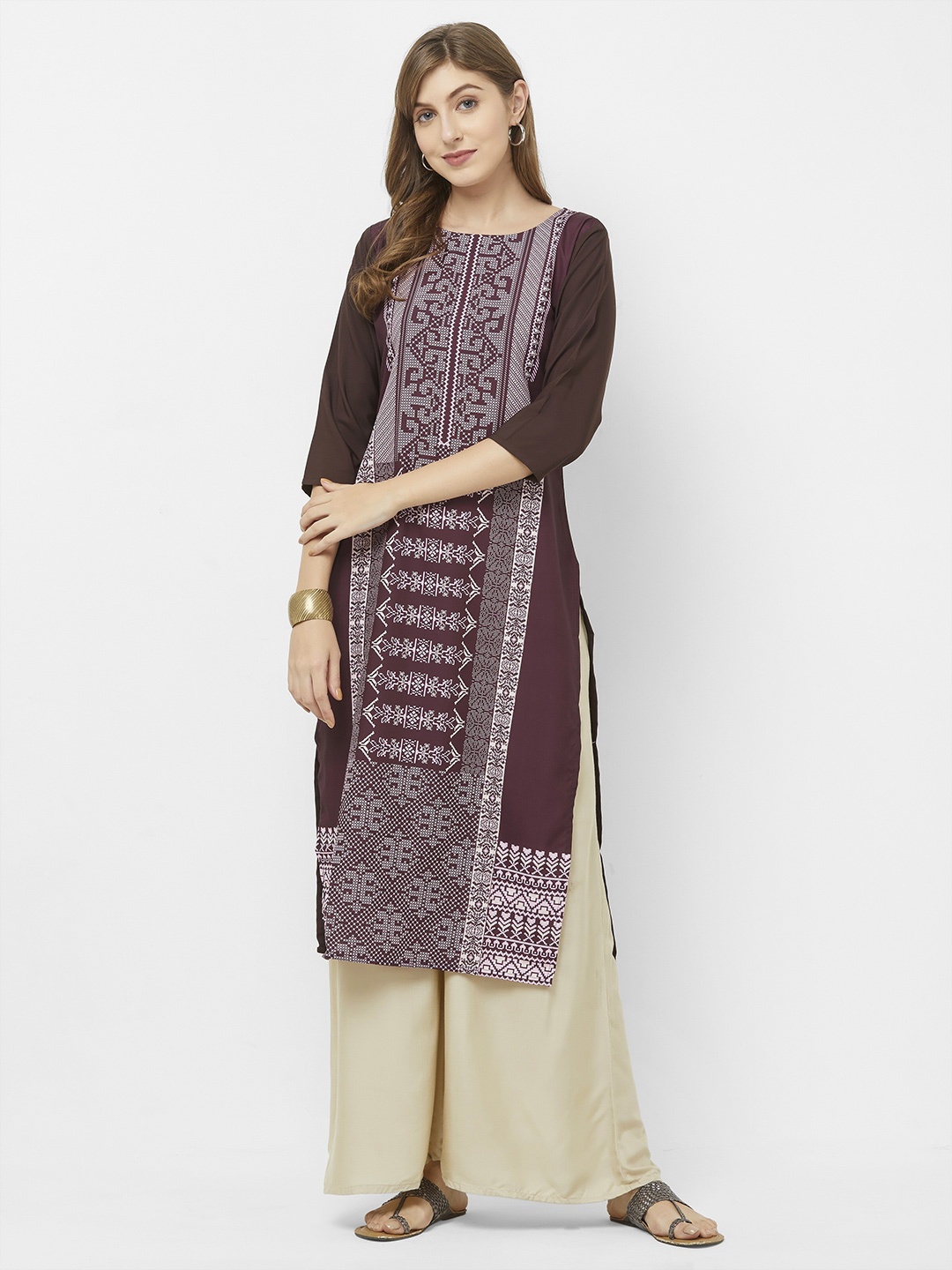 

Jevi Prints Women Ethnic Motifs Printed Crepe Kurta, Brown