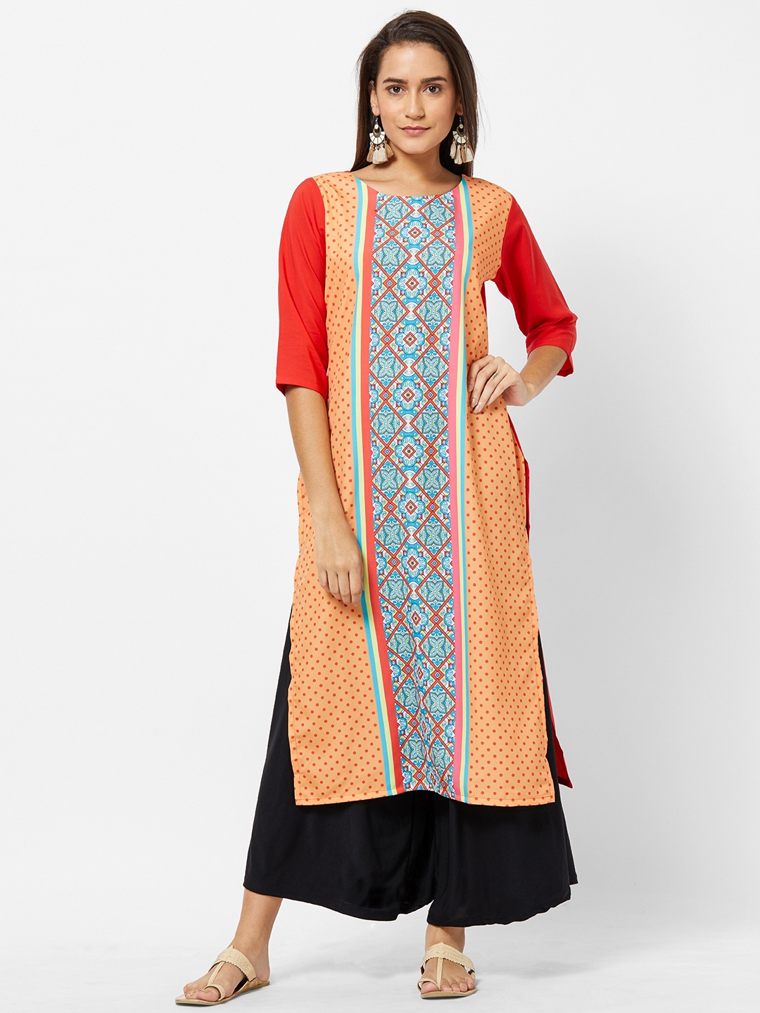 

Jevi Prints Women Geometric Printed Block Print Crepe Kurta, Orange