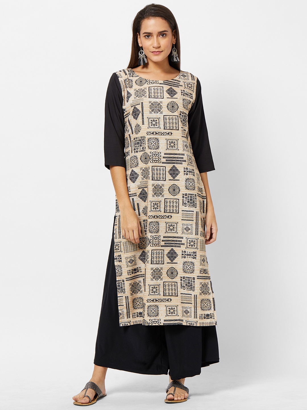 

Jevi Prints Women Ethnic Motifs Printed Crepe Kurta, Beige