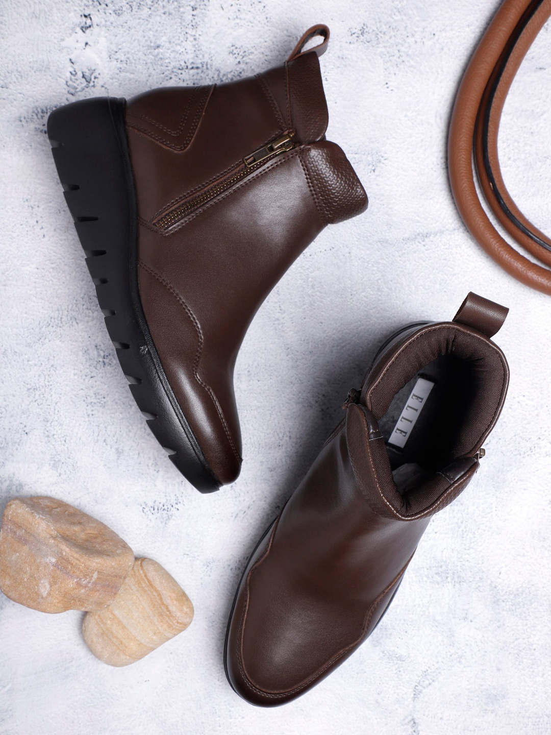 

ELLE Women Solid Leather Boots, Brown