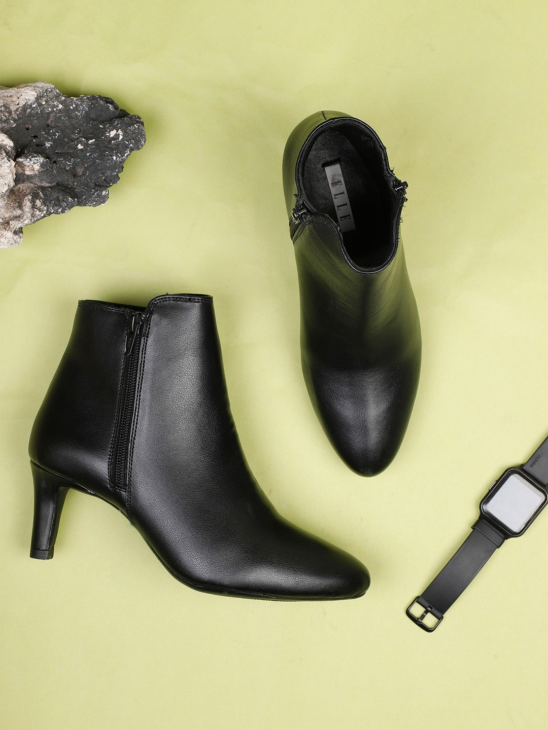 

ELLE Women Solid Leather Ankle Boots, Black