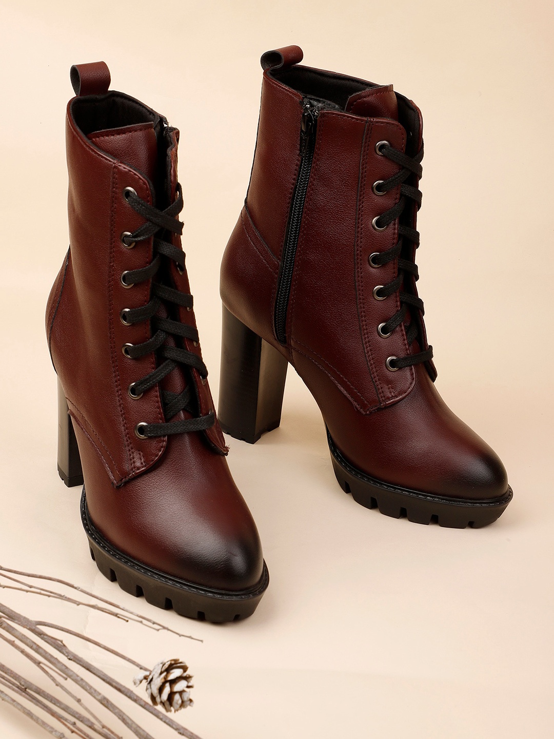 

ELLE Women Textured High -Top Regular Boots, Coffee brown