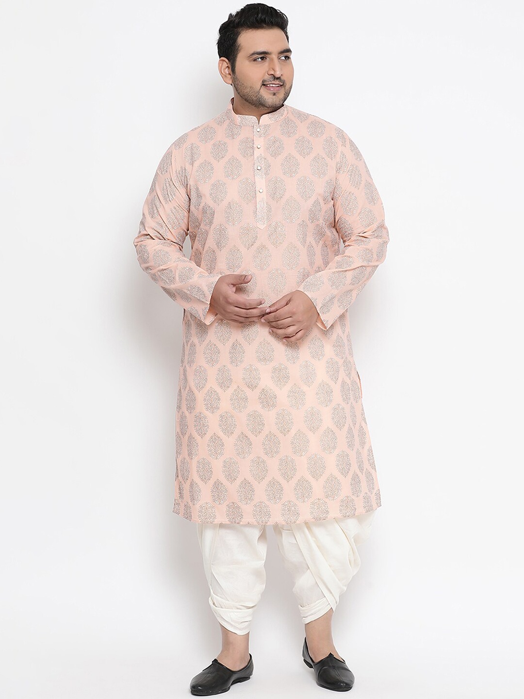 

KISAH Men Ethnic Motifs Printed Mandarin Collar Cotton Silk Kurta, Peach