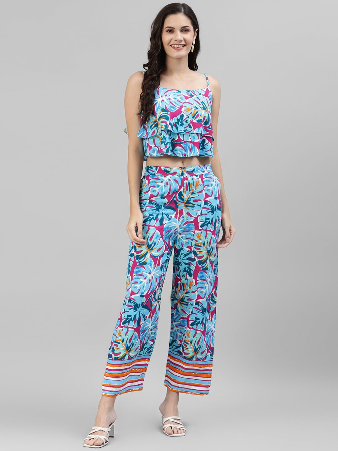

DEEBACO Women Floral Printed Top with Trousers, Turquoise blue