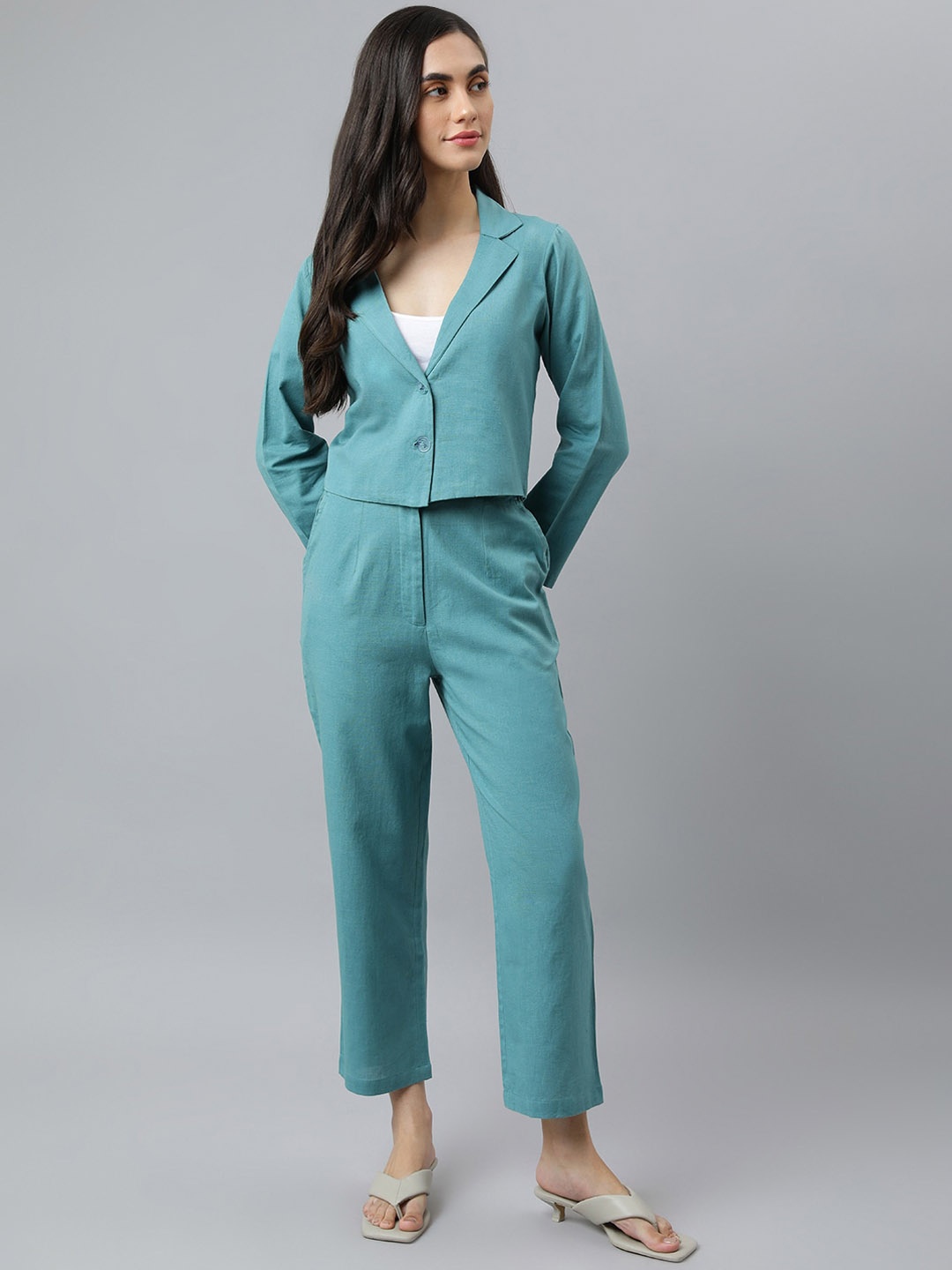 

DEEBACO Women Solid Cotton Co-Ords, Turquoise blue