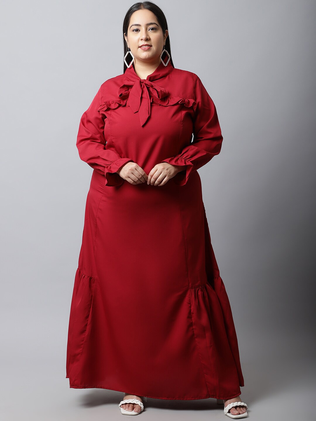 

Flambeur Plus Size Women Tie-Up Neck Crepe Maxi Dress, Maroon
