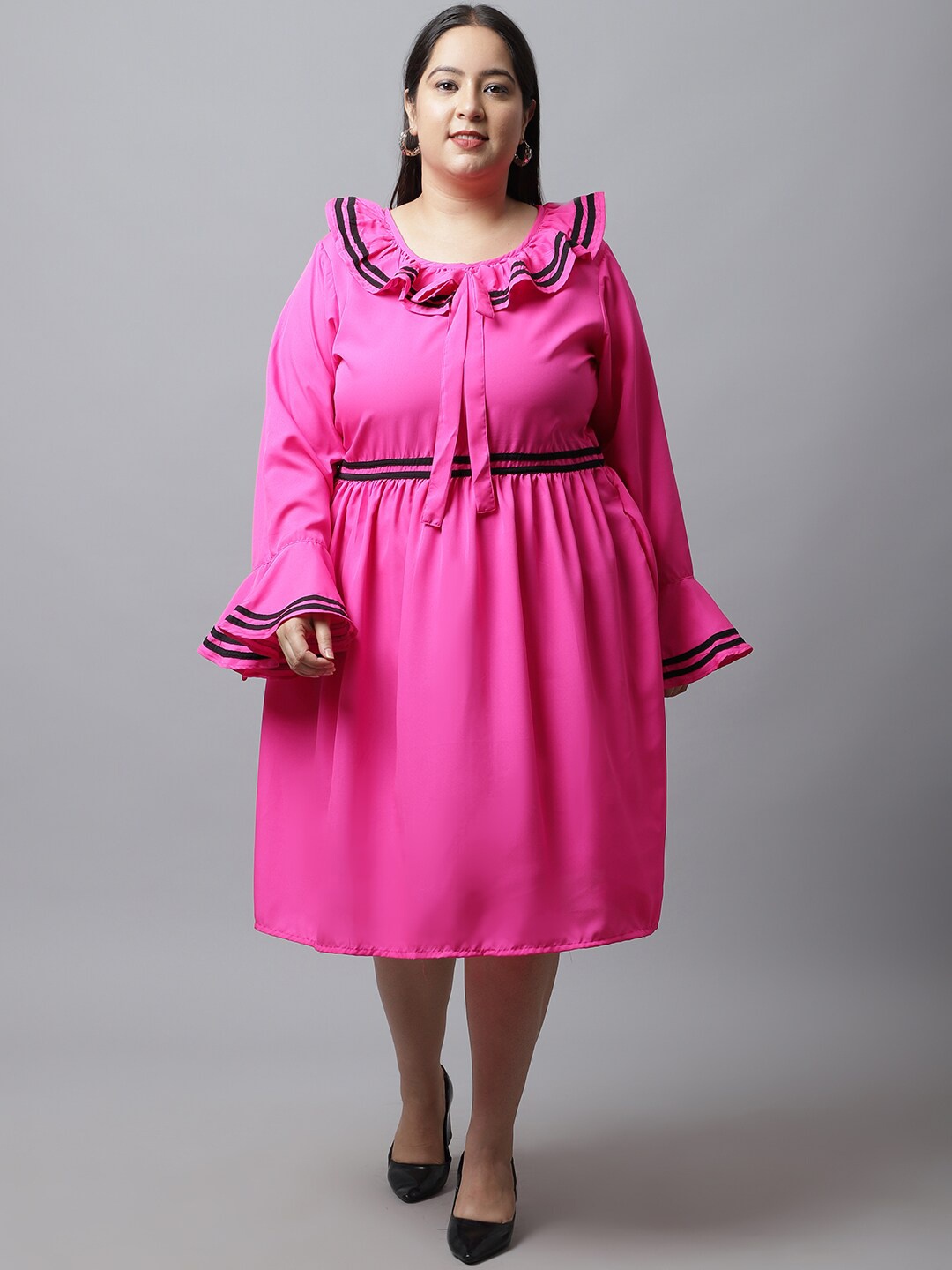 

Flambeur Plus Size Women Tie-Up Neck Crepe Midi Dress, Pink