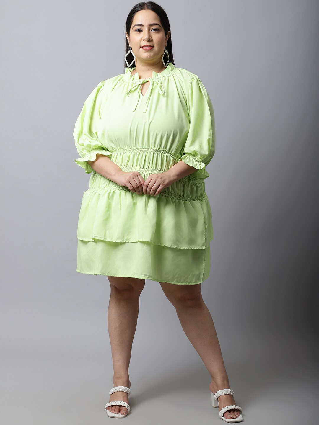

Flambeur Plus Size Women Tie-Up Neck Layered Crepe A-Line Dress, Green