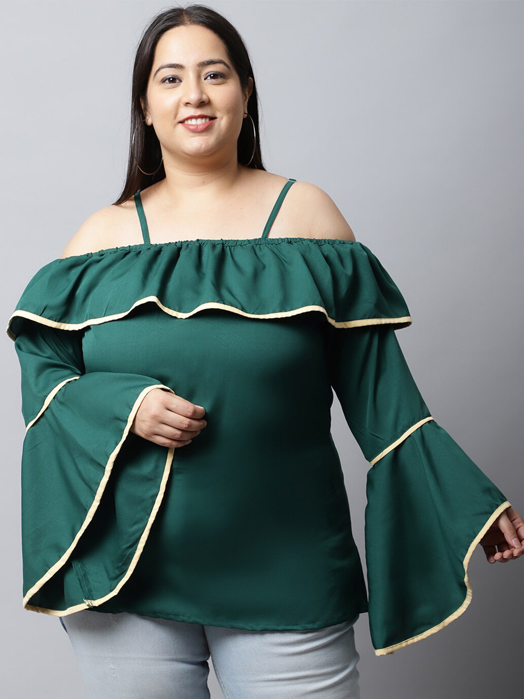 

Flambeur Women Cold-Shoulder Sleeve Crepe Bardot Top, Green
