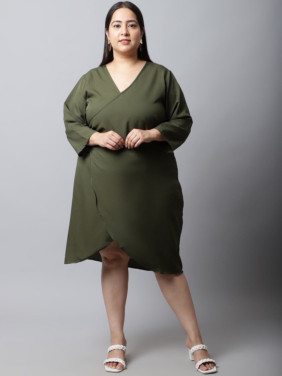 

Flambeur Women Wrap Solid Plus Size Dress, Green